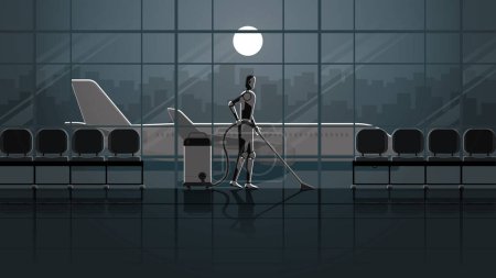 Illustration for Robots replace humans. Artificial intelligence mechanisms clean and work in the airport terminal for 24 hours in the dark and full moonlight without people. unemployment human for a job in the future. - Royalty Free Image