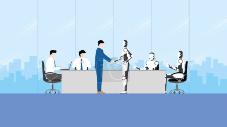 Vereinbarung und Kooperationspartnerschaft des Geschäftspartners im Zukunftskonzept. Joint Venture Treffen im Konferenzraum. Begrüßung per Handschlag mit Roboter-Team für künstliche Intelligenz.