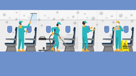 Illustration for Professional team cleans interior of aircraft's cabin. After the spread of the coronavirus covid-19 with staff to check the cleanliness inspector of the pandemic control plan for re-opening business. - Royalty Free Image