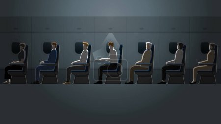 Illustration for Employee salaryman working alone with laptop notebook while the other passengers are asleep in a plane cabin. A business trip lifestyle of work hard overtime and overwork in the dark and small light. - Royalty Free Image