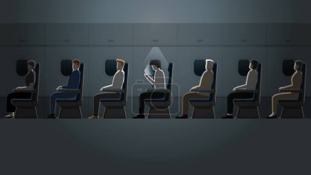 Der Angestellte arbeitet allein mit dem Smartphone, während die anderen Passagiere in der Flugzeugkabine schlafen. Ein Geschäftsreiseleben mit harten Überstunden und Überstunden im Dunkeln und kleinen Licht.