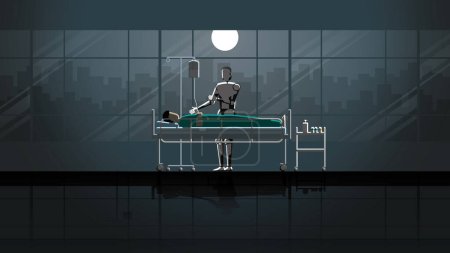 Medizinischer Roboter untersucht kranke Patienten, die in einer Nacht bei Vollmond auf dem Krankenhausbett schlafen. Ersatz des Arztes, der im Risikogebiet der Virusepidemie und Pandemie hart arbeitet, um die Infektion zu schützen.