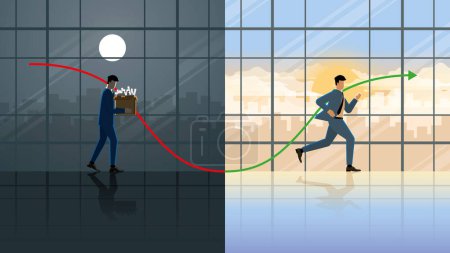 Illustration for The life cycle of a business has a red down and growth up green graph. Loss profit businessman sad at night, Recover running in the morning. Economic crisis and Business recovery in an overnight. - Royalty Free Image