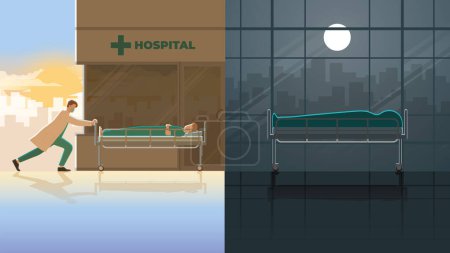 Illustration for Day and night concept. The severity of the disease, infection, and the pandemic of COVID-19, medical staff transport bedridden patients to a hospital in the morning. Then, the patient died at night - Royalty Free Image