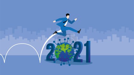 Illustration for Businessman jumping overcome obstacles. Manager jump over the year 2021 number and virus, COVID-19 coronavirus global problem. Business concept of a startup, economic crisis, problem solving, ongoing. - Royalty Free Image