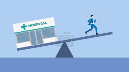 Illustration for Work life balance concept. Work and health unbalance of businessman run away from the hospital on an imbalanced seesaw. Comparison lifestyle between health care and work hard for financial business. - Royalty Free Image