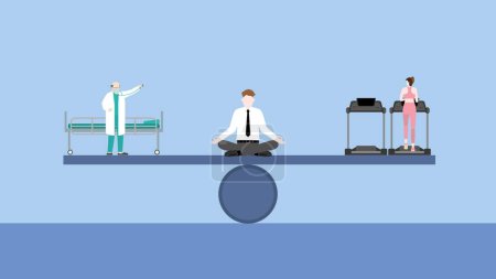 Illustration for Keeping balance concept. Meditation businessman sits and thinks at the center of a seesaw between a doctor with a hospital bed and exercise running on treadmill. Exercise to stay away from sickness. - Royalty Free Image