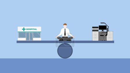 Work life balance concept. Meditation businessman sitting cross-legged at center of seesaw between a doctor with hospital and working desk. A balanced business lifestyle of health care and work hard.
