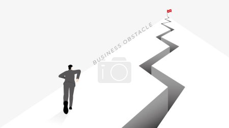 Illustration for Vector minimal style back view of businessman runs up a mountain with obstacle, crack, split land, trap, hole and red flag on top. The business concept of ambition, challenge, achievement, motivation. - Royalty Free Image