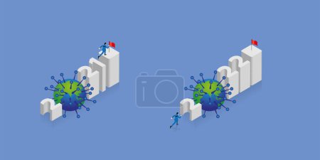 Illustration for Business, economic crisis, and a pandemic of virus COVID-19 coronavirus concept. Businessmen step up a text arranged in word and reach a red flag in the 2021 year end and start a new fight in 2022. - Royalty Free Image
