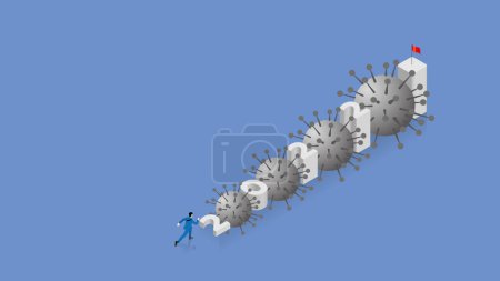 Illustration for Business concept of overcoming obstacles, economic crisis, and coronavirus. Businessmen confront number 2022 in step and a red flag on top. Start a new fight against the pandemic of virus COVID-19. - Royalty Free Image