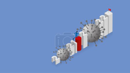 Illustration for A pandemic of COVID-19 coronavirus over the year. A text number is arranged in step. Businessman overcomes obstacles and across the 2021 year and starts a new fight in 2022 with a red flag at the end. - Royalty Free Image