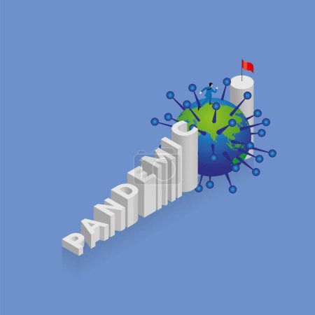 Illustration for A man runs and steps up a stair, a staircase is text word PANDEMIC, arrange in alphabet order with red flag on top. The concept of overcome obstacle, economic crisis, and a pandemic of virus COVID-19. - Royalty Free Image
