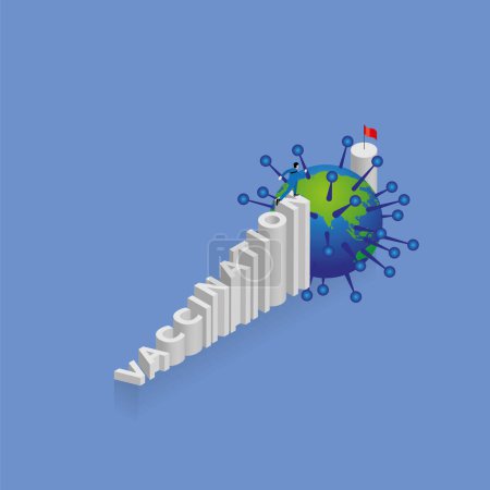 Illustration for A man runs and steps up a stair. Staircase is text word VACCINATION, arrange in alphabet order with red flag on top. The concept of overcome obstacle, economic crisis, and pandemic of virus COVID-19. - Royalty Free Image