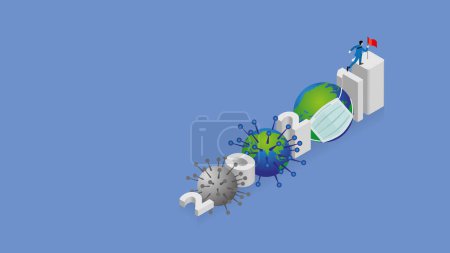 Illustration for Business concept of overcoming obstacles, victory, economic crisis, and coronavirus. Businessmen is on an number 2021 in step and a red flag on top. Win over against the pandemic of virus COVID-19. - Royalty Free Image