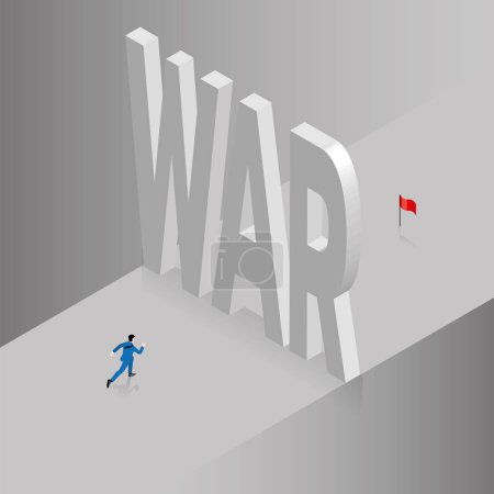 Illustration for Businessman confronts big text wording WAR, obstacles for a red flag goal. Business concept of economic crisis, problem-solving, ongoing, ambition, success, challenge, achievement, motivation. - Royalty Free Image