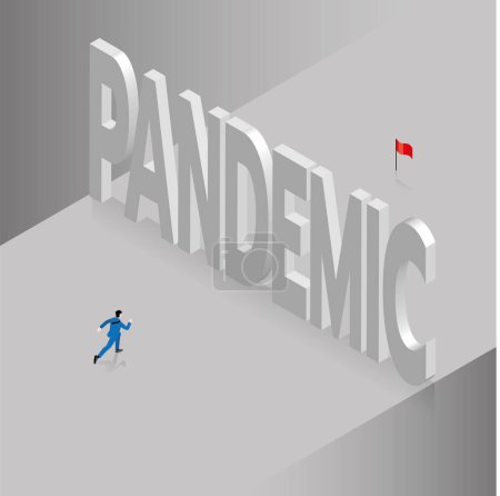 Illustration for Businessman confronts big text wording PANDEMIC, obstacles for a red flag goal. Business concept of economic crisis, problem-solving, ongoing, ambition, success, challenge, achievement, motivation. - Royalty Free Image