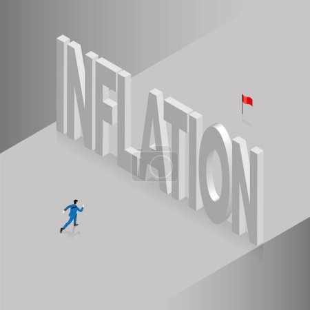 Illustration for Businessman confronts big text wording INFLATION, obstacles for a red flag goal. Business concept of economic crisis, problem-solving, ongoing, ambition, success, challenge, achievement, motivation. - Royalty Free Image