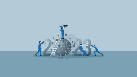 Illustration for Business outlook vision concept in year 2023. Visionary businessman leader use binoculars to forecast business opportunity. On top of ladder above the year 2023 number and virus, COVID-19 coronavirus. - Royalty Free Image