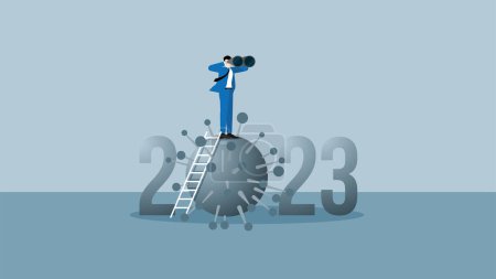 Ilustración de Concepto de visión de las perspectivas empresariales en el año 2023. El líder visionario del hombre de negocios usa prismáticos para pronosticar oportunidades de negocio. En la parte superior de la escalera por encima del año 2023 número y virus, coronavirus COVID-19. - Imagen libre de derechos