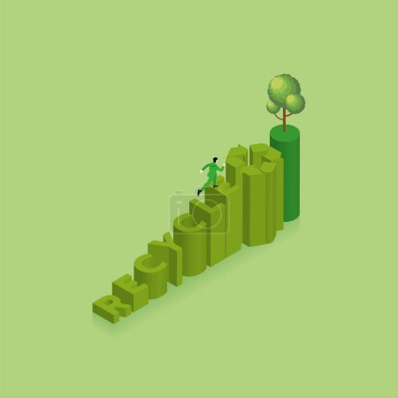 Illustration for Green concept of environmental concern, Earth day, growth, save the planet, Eco friendly. A man run and step up text word RECYCLE and symbol with a tree on top of stairs. Isometric Vector Illustration - Royalty Free Image