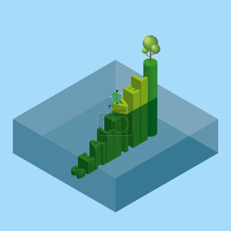Illustration for Global warming and environmental concern concept of sea level rise, flood, climate change, greenhouse effect, deforestation. A man runs and steps up a text word SEA LEVEL underwater to a tree on top. - Royalty Free Image