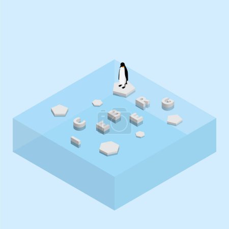 Illustration for Penguin on floating ice sheet and a text word ICEBERG. Global warming and ice melting concept of sea level rise, global flood, climate change, greenhouse effect, polar ice and arctic sea ice melt. - Royalty Free Image
