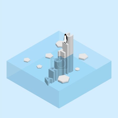 Ilustración de Pingüino en la redacción de texto iceberg. El calentamiento global y el concepto de derretimiento del hielo del aumento del nivel del mar, las inundaciones mundiales, el cambio climático, el efecto invernadero y los glaciares flotantes en el Ártico, la Antártida y el Polo Norte. - Imagen libre de derechos