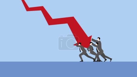 Illustration for A minimal style of a red down graph of the financial crisis, economic downturn, inflation, recession,  failure, bankruptcy, and crisis concept. Businessmen team push a decrease business chart diagram. - Royalty Free Image