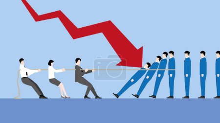 A minimal style of a red down graph of the financial crisis, economic downturn, inflation, recession, failure, bankruptcy concept. A business team with leader pulls a tug of war to stop domino effect.