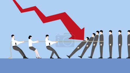 Illustration for A minimal style of a red down graph of the financial crisis, economic downturn, inflation, recession, failure, bankruptcy and crisis concept. An employee team pulls a tug of war to stop domino effect. - Royalty Free Image