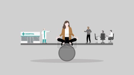Illustration for Work life balance, Angel and demon whisper concept. A woman sits and thinks at the center of a seesaw beam between a doctor with a hospital and office meeting. A choice of health care and work hard. - Royalty Free Image