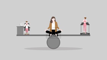 Work-Life-Balance Konzept. Eine Meditationsfrau sitzt und denkt in der Mitte eines Wippbalkens zwischen der Arbeit am Schreibtisch und dem Laufen auf einem Laufband. Ein geschäftlicher Lebensstil aus harter Arbeit und Gesundheit.
