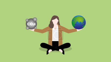 Illustration for A woman balances CO2e pollution and the earth in hand. ESG and green business policy concept of net zero emission, carbon footprint, carbon dioxide equivalent, global greenhouse gas, save the world. - Royalty Free Image