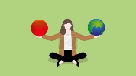Illustration for A woman balances red pollution and the earth in hand. ESG and green business policy concept of net zero emission, carbon footprint, carbon dioxide equivalent, global greenhouse gas, save the world. - Royalty Free Image