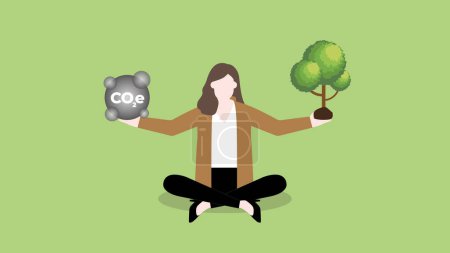 Illustration for A woman balances CO2e gas pollution and tree in hand. ESG and green business policy concept of net zero emission, carbon footprint, carbon dioxide equivalent, global greenhouse gas, save the world. - Royalty Free Image