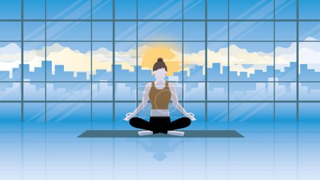 Illustration for A calm woman sits and meditates on the yoga mat. Concepts of routine mindfulness, discipline, healthy lifestyle, relaxing time, peace, relief of stress, practicing mind exercise, and spirituality. - Royalty Free Image