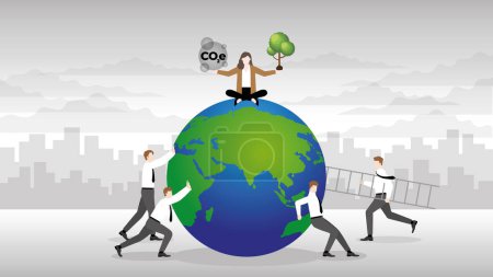 Illustration for ESG and green policy concept of net zero emission, carbon footprint, carbon dioxide equivalent, global greenhouse gas, save the earth. A businesswoman and teamwork help the world by planting a tree. - Royalty Free Image