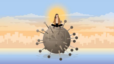 Eine ruhige Geschäftsfrau sitzt und meditiert auf einem großen Coronavirus COVID-19. Man denke an Geschäftsideen, Problemlösungen aus dem pandemischen Wirtschaftsabschwung. In einem morgendlichen Sonnenaufgang Stadt Hintergrund.