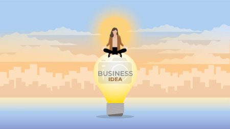 A calm businesswoman sits and meditates on a large light bulb. Think of a business idea solution to solve a problem, economic, finance, and recession. In an early morning sunrise city background.