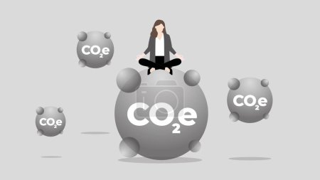 Illustration for A calm businesswoman sits and thinks about CO2e Gas. ESG and green business policy concept of net zero emission, carbon footprint, carbon dioxide equivalent, global greenhouse gas, save the world. - Royalty Free Image