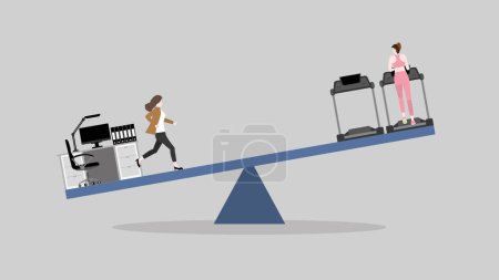Work and life balance, priority life and health care concept. A woman runs on a seesaw between working table and cardio running on a treadmill at a fitness center. Exercise to stay away from sickness.