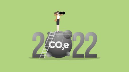 Illustration for ESG and green business policy concept in the year 2022. A vision businesswoman uses binoculars. Net zero emission, carbon footprint, carbon dioxide equivalent, global greenhouse gas, save the world. - Royalty Free Image