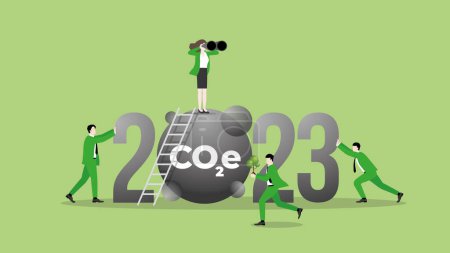 Illustration for ESG and green business policy concept. Teamwork of green vision businesswoman in the year 2023. Carbon dioxide net zero emission, carbon footprint, planting tree, global greenhouse gas, save the world - Royalty Free Image