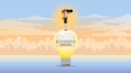 A vision businesswoman uses binoculars on a large lightbulb. Look for business idea solutions to solve a problem in a bear economy, economic downturn, recession, financial crisis, inflation, and loss.