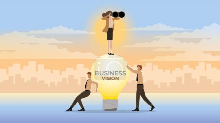 A vision businesswoman uses binoculars on a large lightbulb with team. Look for business idea to solve a problem in a bear economy, economic downturn, recession, financial crisis, inflation, and loss.