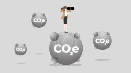 Illustration for A vision businesswoman uses binoculars on CO2e Gas. ESG and green business policy concept of net zero emission, carbon footprint, carbon dioxide equivalent, global greenhouse gas, save the world. - Royalty Free Image