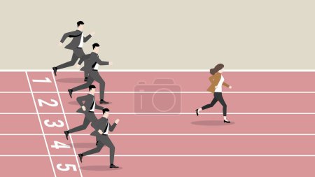 Illustration for Feminist, Woman power, Powerful lady and Business competition of businesswoman overcome businessman run in a race track. Concept of CEO female leadership,  success, working woman, leader in business. - Royalty Free Image