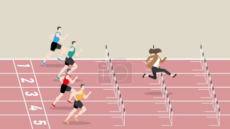 Illustration for Feminist, Woman power, Powerful lady and Competition of businesswoman overcome runner sportsman run in a race track. Concept of CEO female leadership,  success, working woman, a leader in business. - Royalty Free Image
