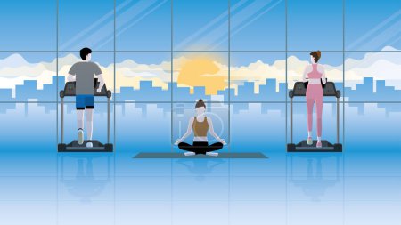 Téléchargez les illustrations : Exercice d'esprit et de corps. Une femme de yoga calme s'assoit et médite dans un centre de fitness entre coureurs sur un tapis roulant. Attention des autres, attention, soulagement du stress, respiration et relaxation. - en licence libre de droit